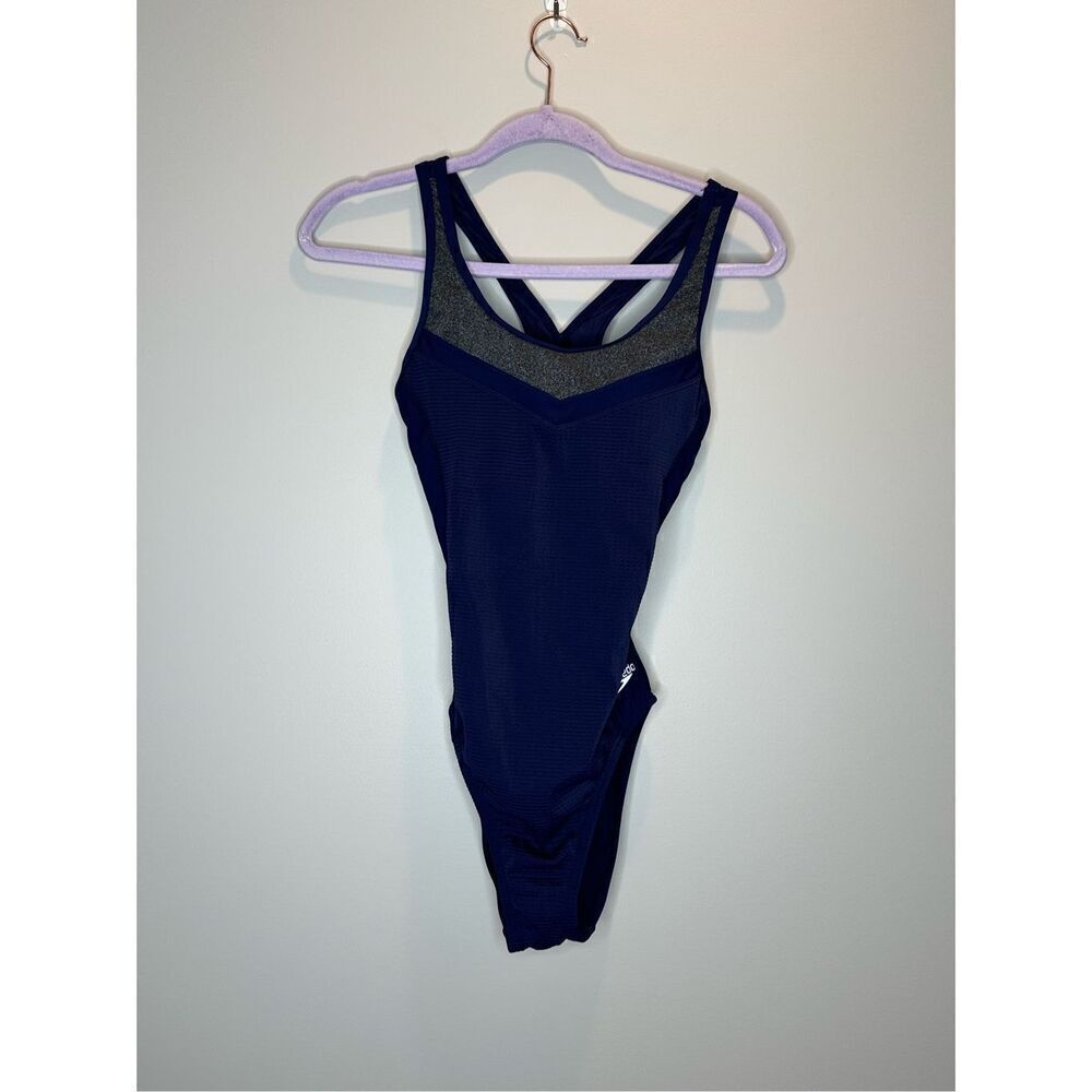 Speedo Endurance Lite Navy and Gray Textured One Piece Swimsuit Size 6